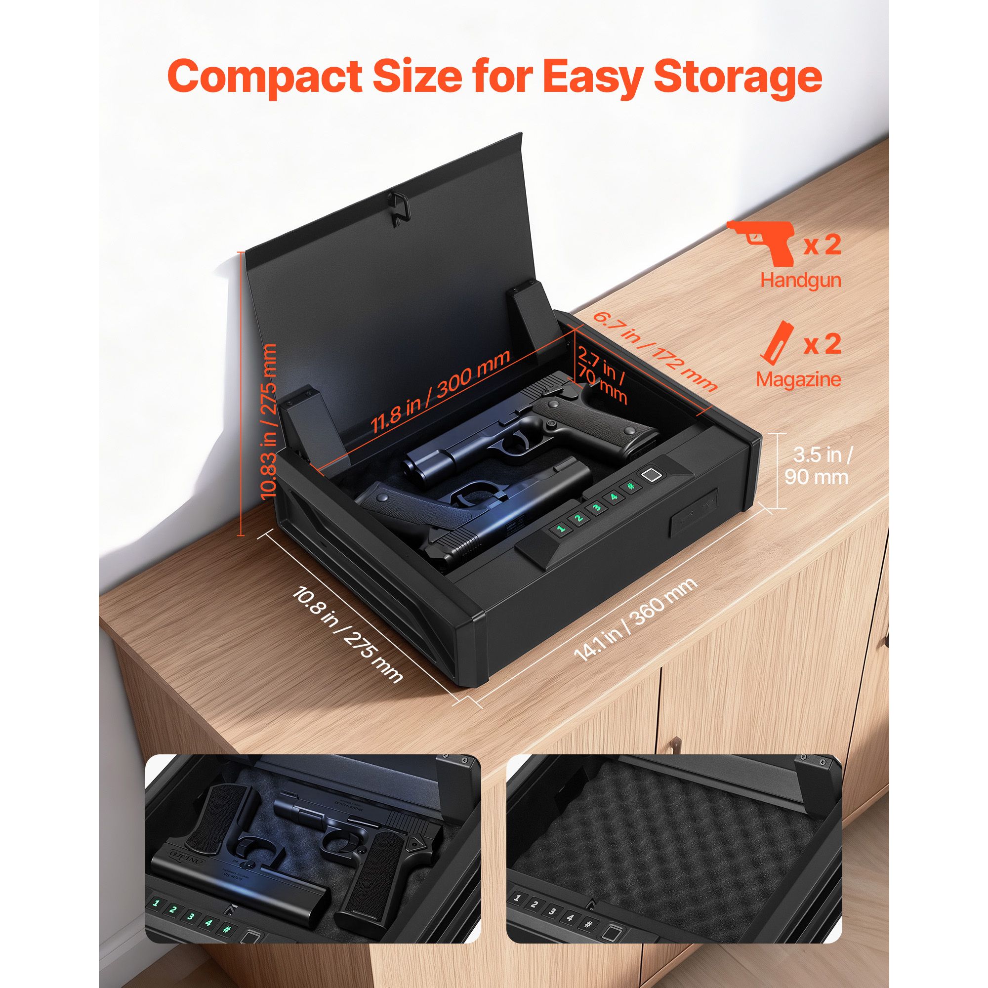 Gun Safe, Heavy Duty Handgun Safe with Fingerprint/Password/Key, 3-Way Quick Access Firearm Case Box with Lighting for 2 Pistols & 2 Magazines, Pistol Gun Box — image 3