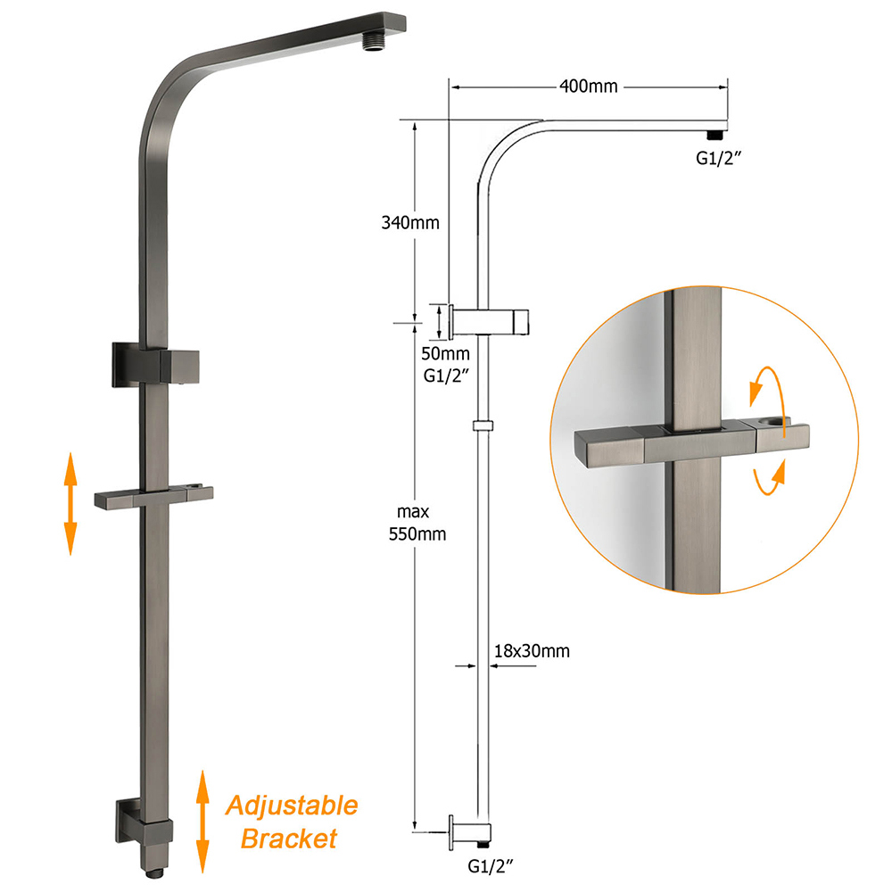 WELS Gun Metal Double Square Shower Head Set 12" Rain Handheld Sliding Rail 2 Way Switch โ image 3