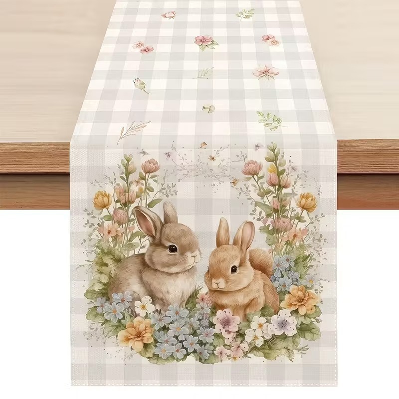 33 × 183 CM Festive Easter Linen Table Runner - Cartoon Bunny Table Runner & Stain-Resistant Primitive Home Decor (Style-5)
