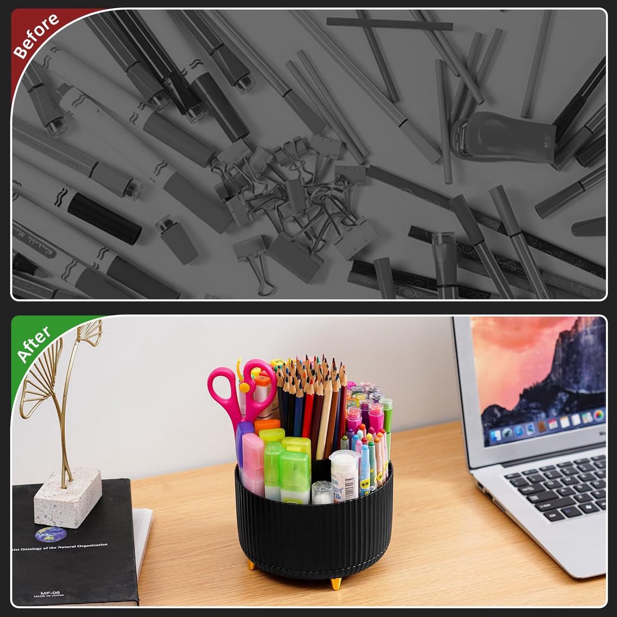 Desk storage box - 360-degree rotating office storage box - Pen holder - 5 pen sorting compartments - Space-saving desk storage box - Black - 15 × 12.5 cm — image 2