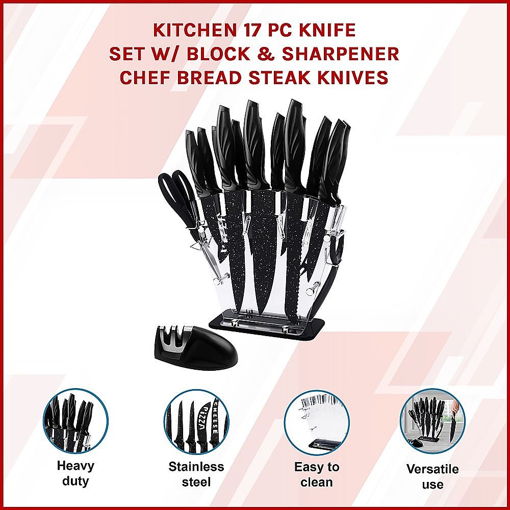 Kitchen 17 Piece Knife Set with Block and Sharpener Chef Knives — image 3