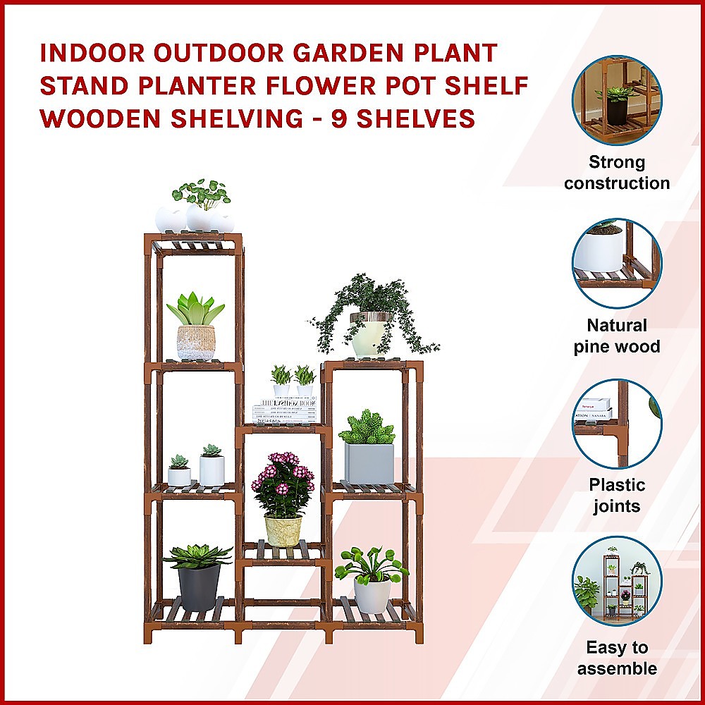 Indoor Outdoor Garden Plant Stand Planter Flower Pot Shelf Wooden Shelving - 9 Shelves โ image 3