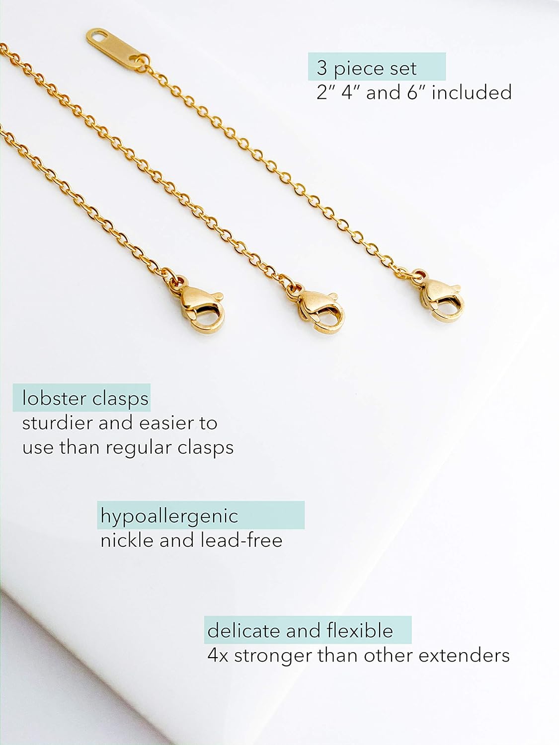 18k Gold Plated Necklace Extenders Delicate Necklace Extender Chain Set for Women 3 Piece Set, Extensions 2", 4", 6" Inches Hypoallergenic in Gold, Rose Gold — image 5