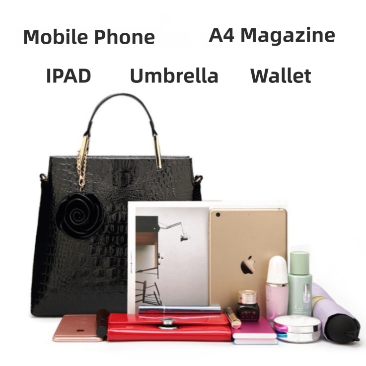 Black Patent PU Leather Crocodile Embossed Shell Bag(30 × 11 × 26 CM) with Floral Pendant — image 4
