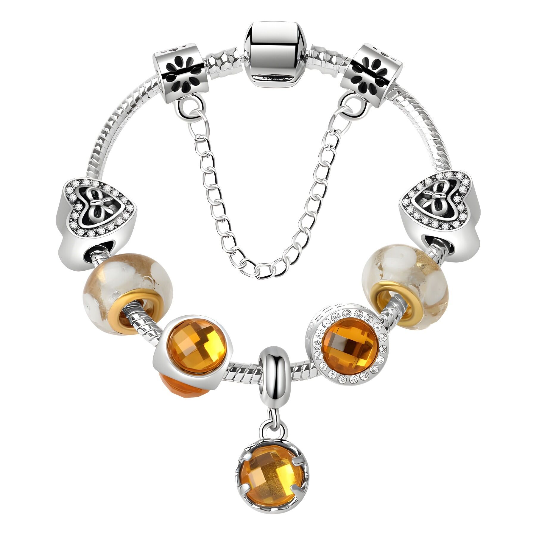Yellow Zircon Heart Glass Beaded Bracelet with Rhinestones(20cm)