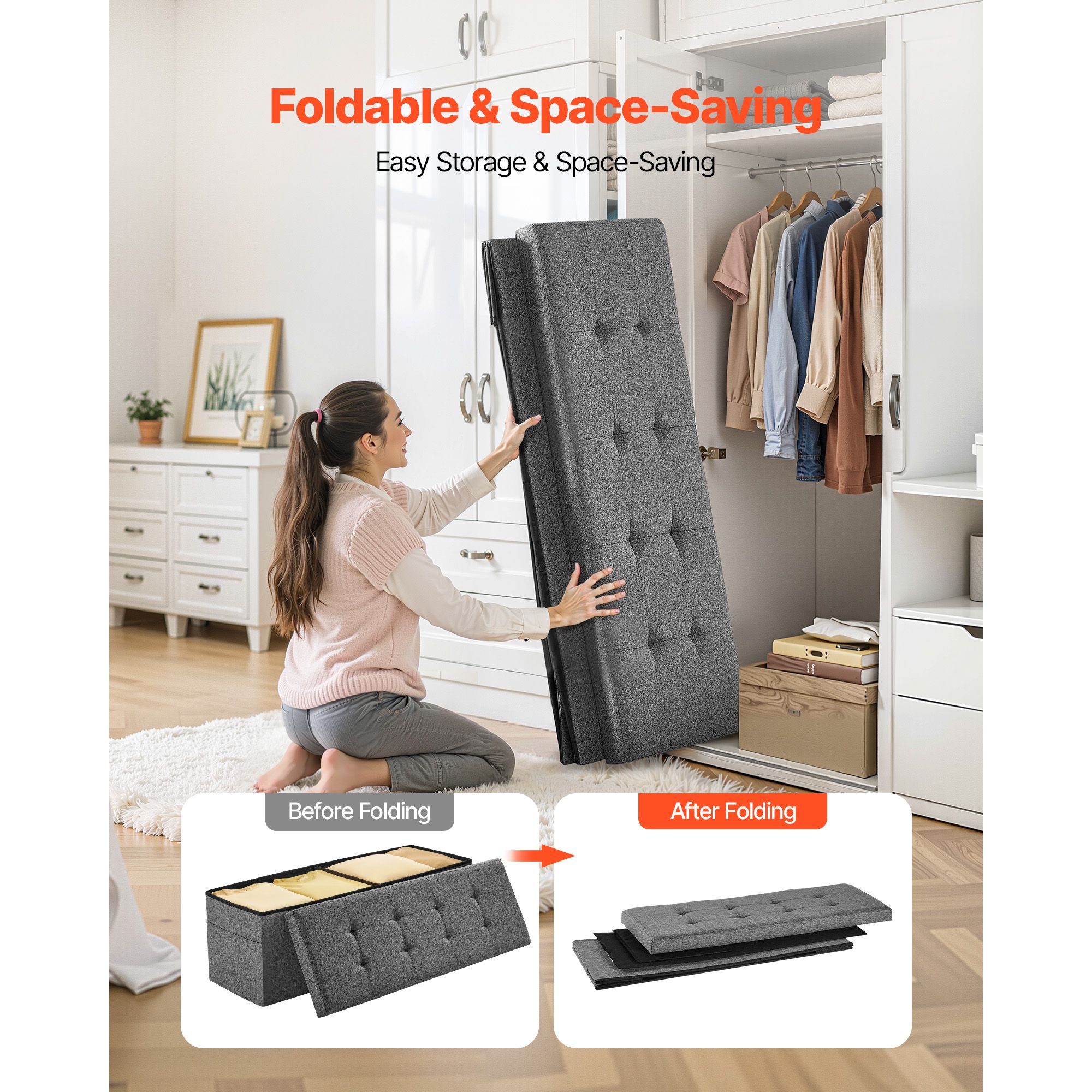 Foldable Storage Ottoman Bench, End of Bed Bench with Side Bags, Folding Upholstered Storage Chest Supports 660 lbs, Linen Bed Ottoman with Large Space for — image 4