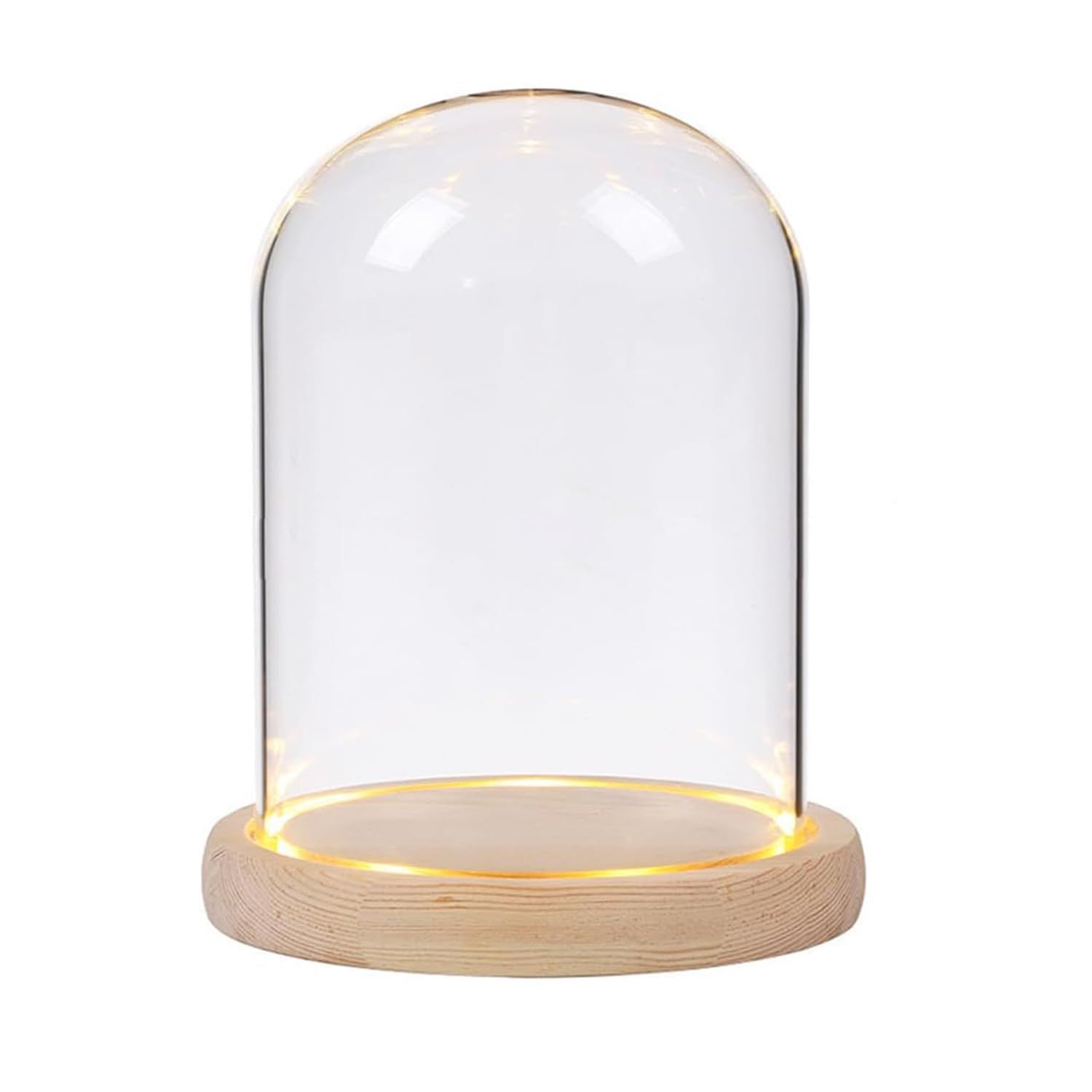 Glass niche dome with wooden LED lamp base, transparent display dome, countertop glass niche display cabinet, small statue, souvenir, plant, ideal