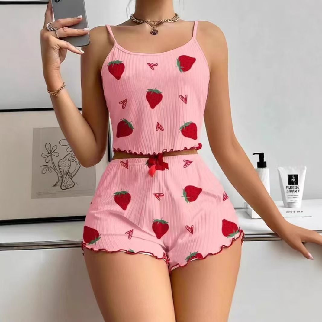 Women Sleepwear Set Summer Spandex Print White strawberry โ image 5