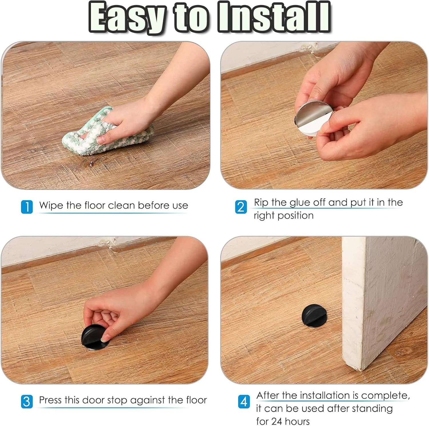 Drill-Free Floor Mounted Door Stoppers 3M Adhesive Self Adhesive Door Stoppers with Black Rubber Bumper Tips Floor Mount Half Dome Door Stopper for Office — image 5