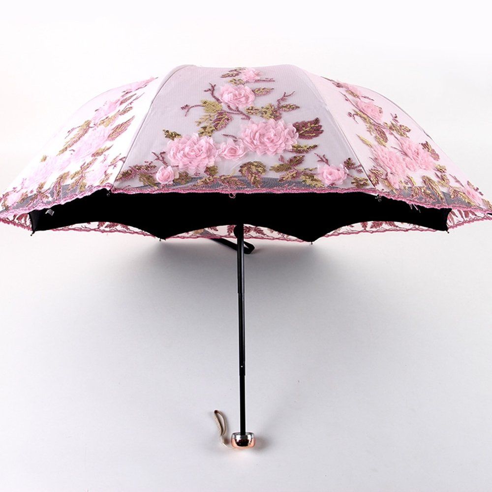 Vintage Lace UV Sun Parasol Folding 3D Flower Embroidery Umbrella Lace embroidered umbrella for both sunny and rainy use