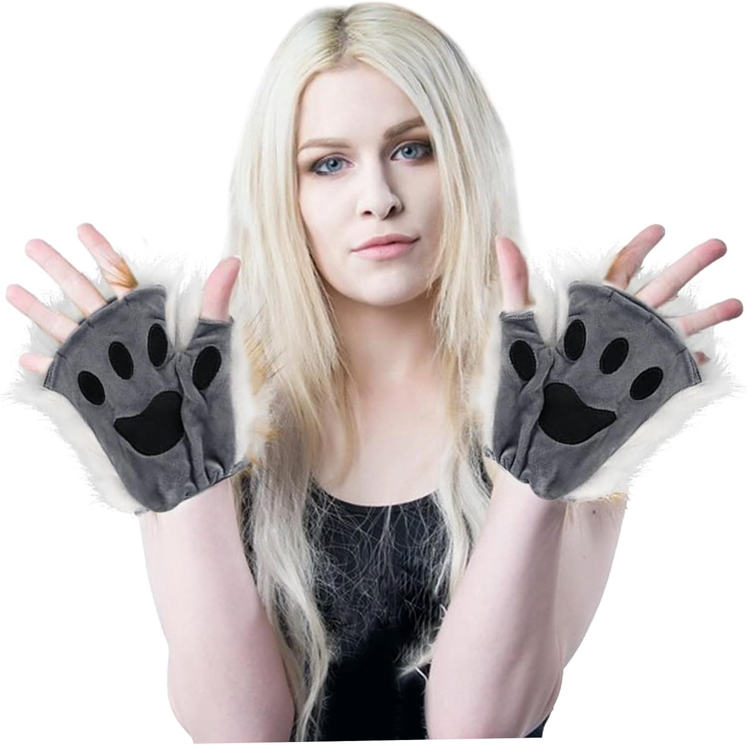 Black Grey Half Finger Cat Paw Therian Gloves for Kids and Adults Cosplay, Embroidered Realistic Faux Fur Paws with Plush Texture for Stage and Costume Parties