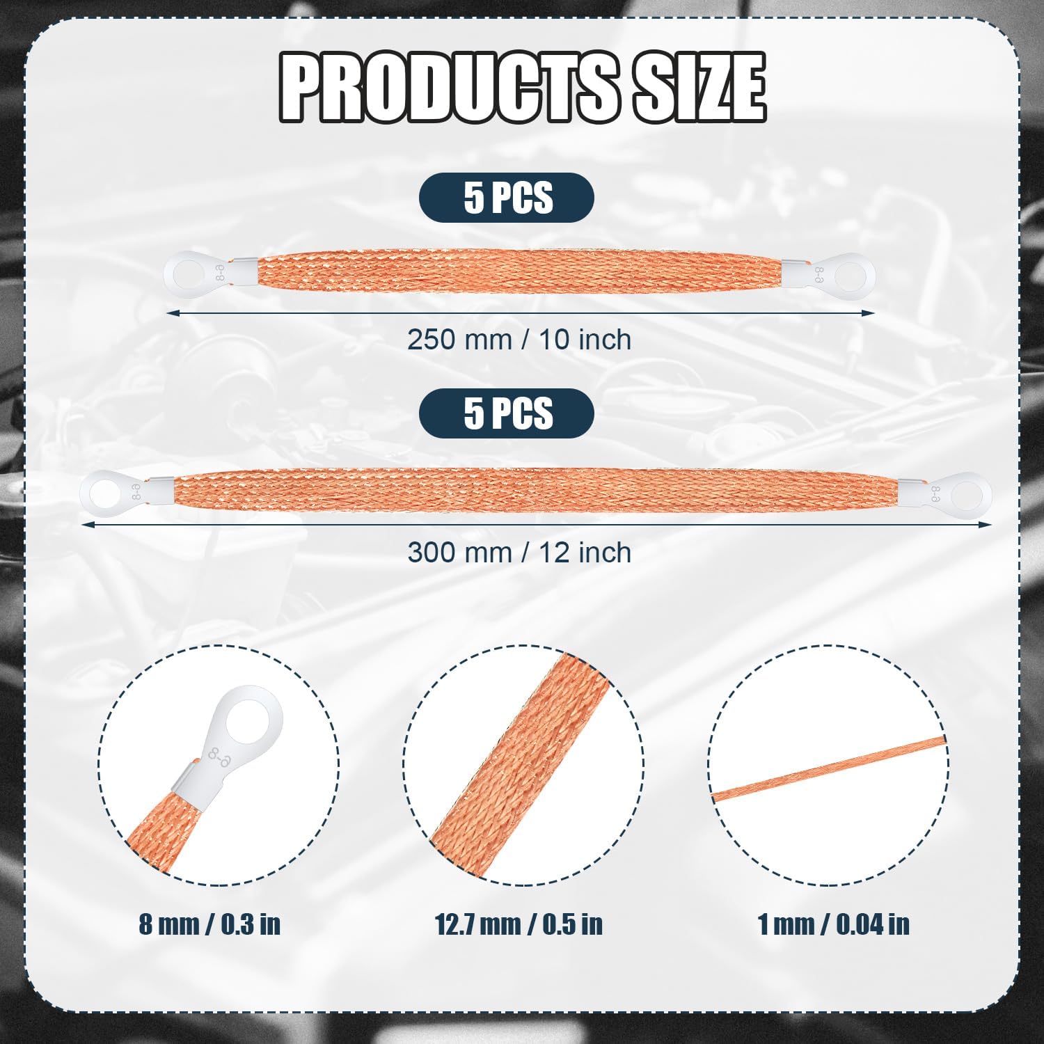 10pcs Universal Automotive Ground Straps, 10/12 inch Engine Ground Strap Kit Braided Copper Ground Straps Automotive Ground Strap Wire Ground Strap Connectors โ image 2