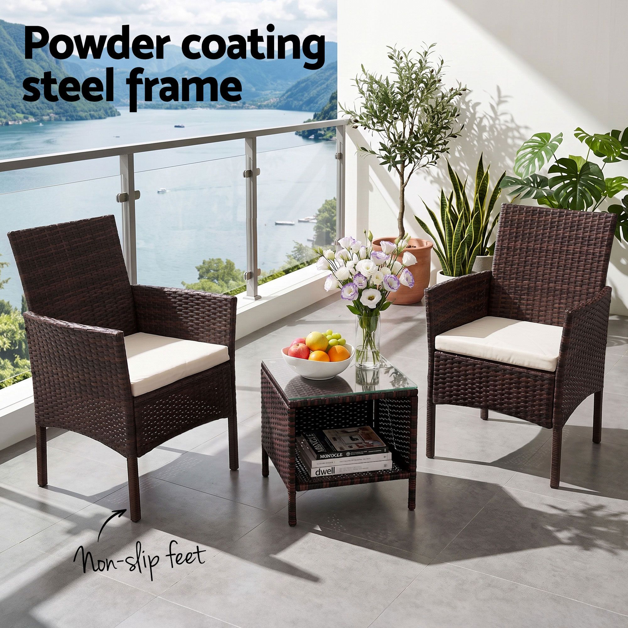 Gardeon 3PC Outdoor Bistro Set Patio Furniture Wicker Setting Chairs Table Cushion Brown — image 4