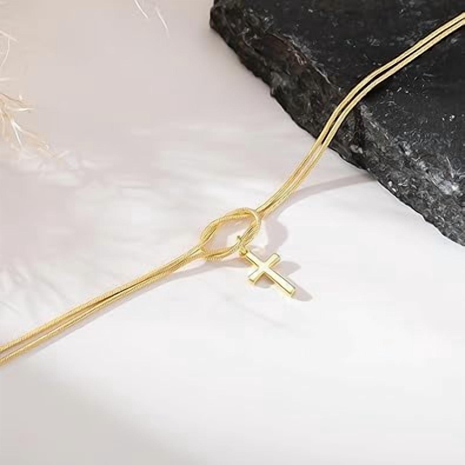 Cross Bracelet for Women, Dainty 14K Gold Plated or Silver Plated Pearl Knot Chain Religious Charm Jewelry — image 5