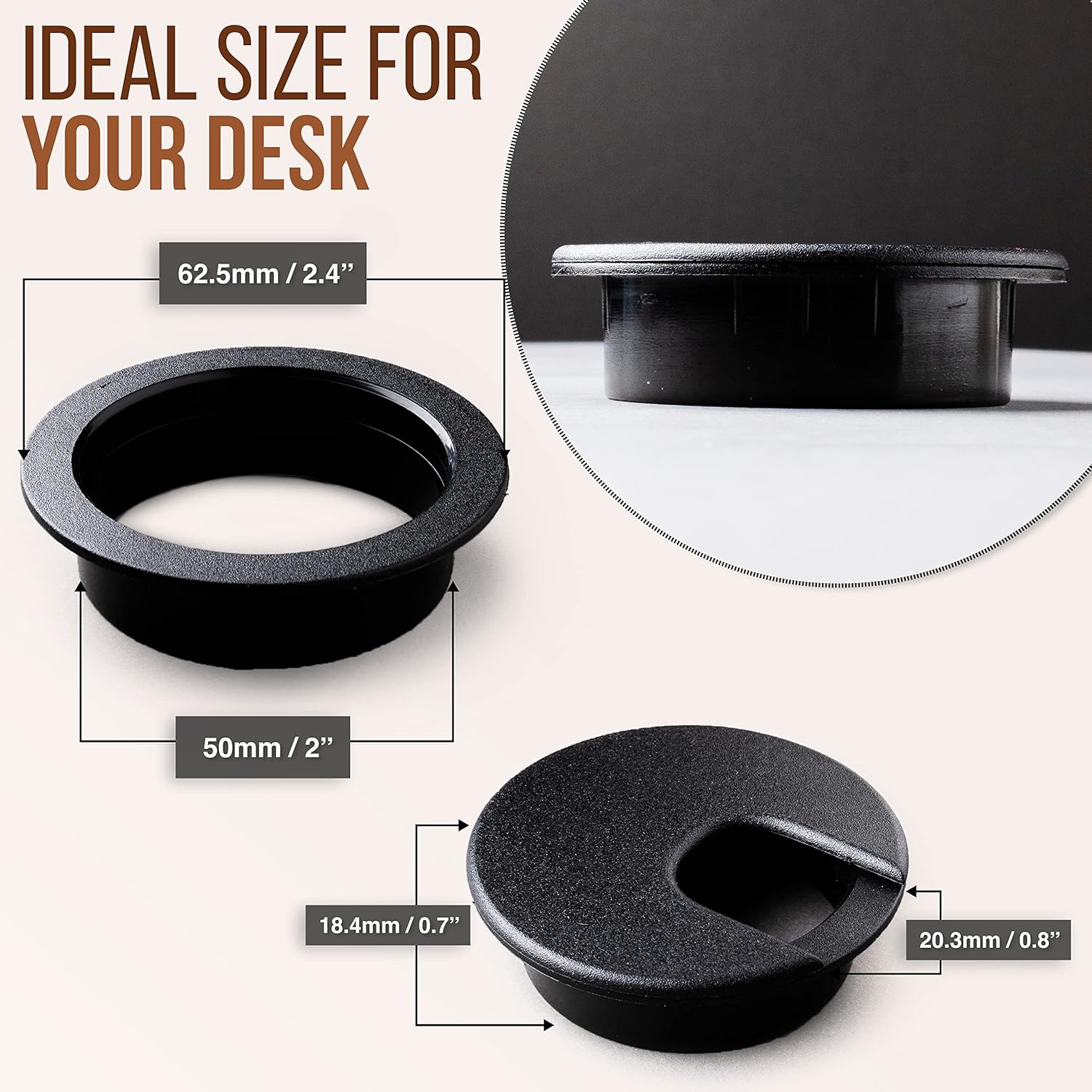 Desk Grommet 2 Inch (50 mm) Pack of 5-Black ABS Plastic Cable Hole Cover to Arrange Wires & Cords Through Computer Table/Countertops — image 2