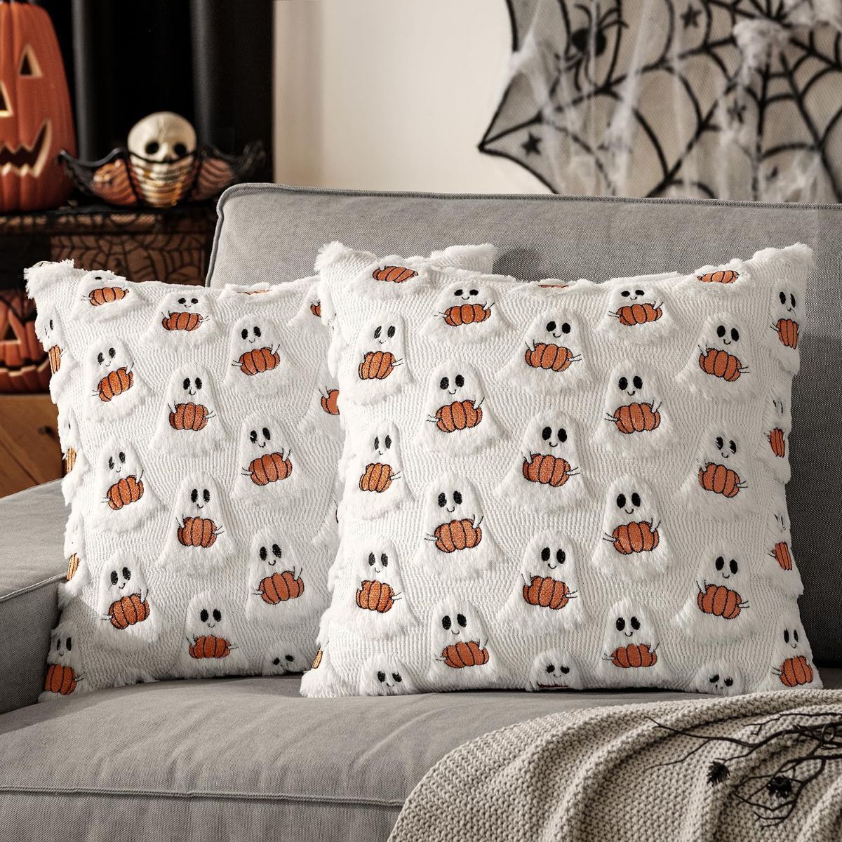 Halloween Pillow Covers Cute Decor Set of 2 18x18 | Soft Plush Faux Fur, Spooky Decor, Fall Decorative Throw Pillows for Couch Sofa Bed Porch Living Room โ image 4