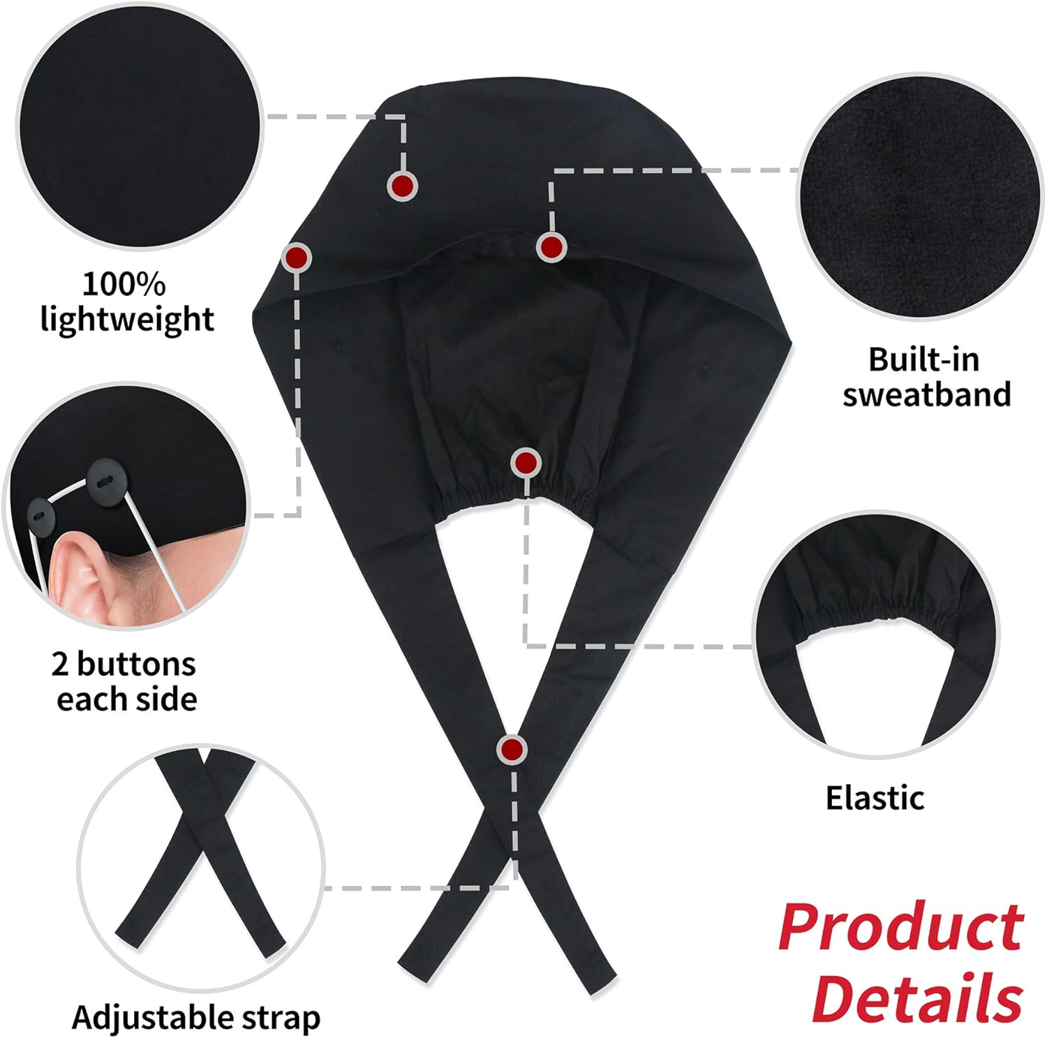 Working Caps with Button and Sweatband, Adjustable Working Hats for Women Men, One Size (Tie Back or Toggle) — image 5