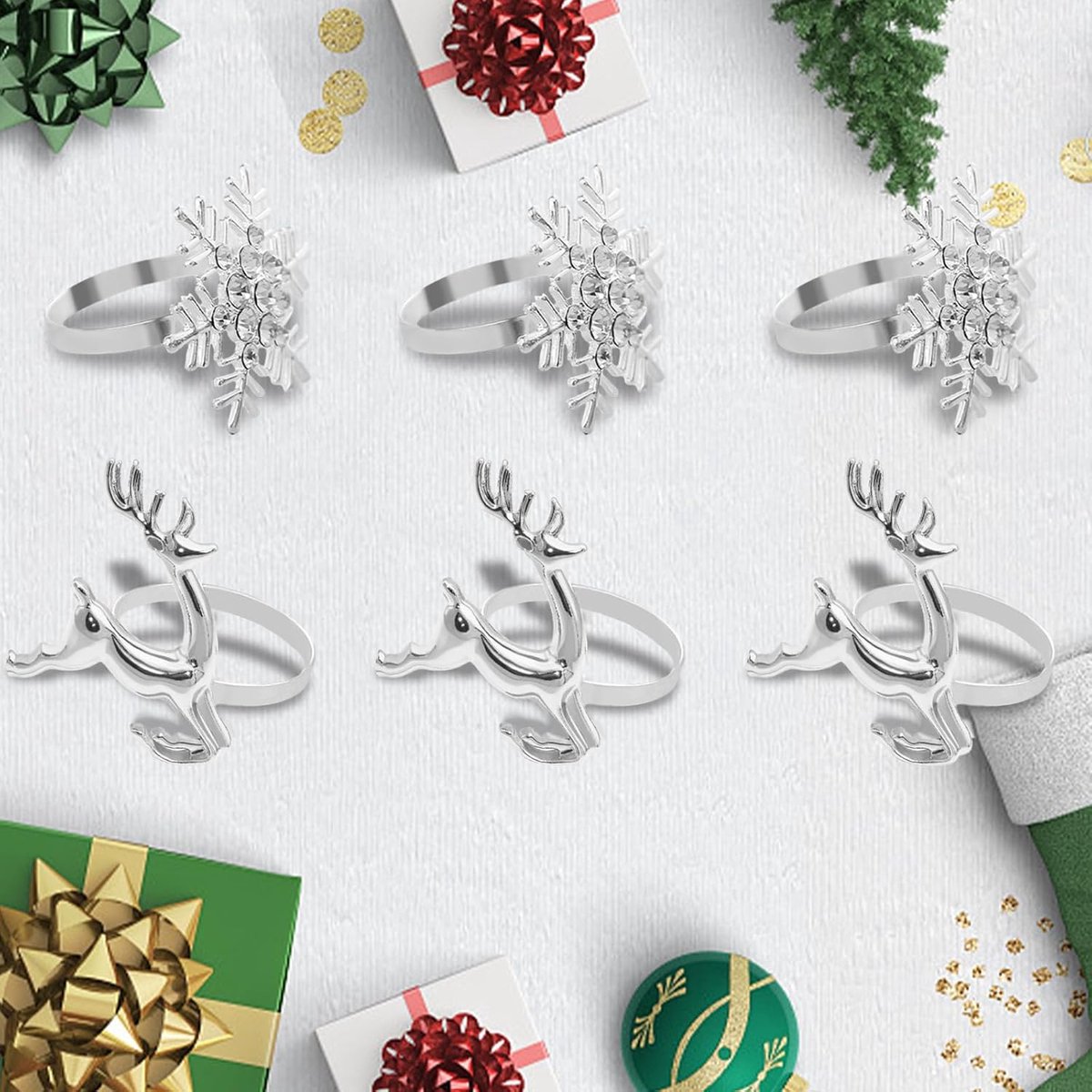 Napkin Rings for Christmas - 12 Pieces - Moose & Snowflakes - Silver Napkin Ring - Napkin Rings Table Decoration - Napkin Rings for Christmas, Thanksgiving — image 4