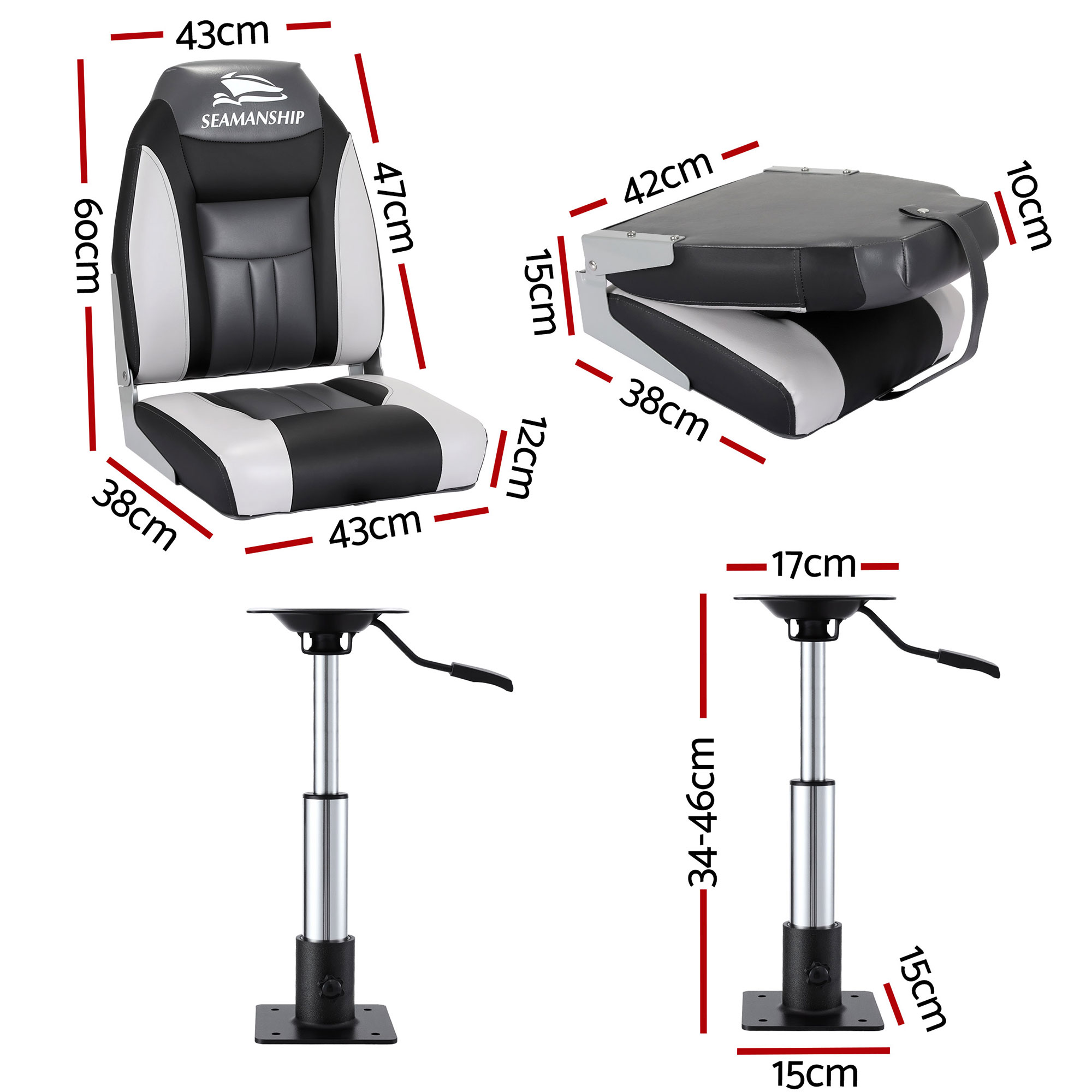 Seamanship 2X Folding Boat Seats with 2X Adjustable Pedestals 34–46cm Marine Seat Swivel High Back 12cm Padding Black — image 2