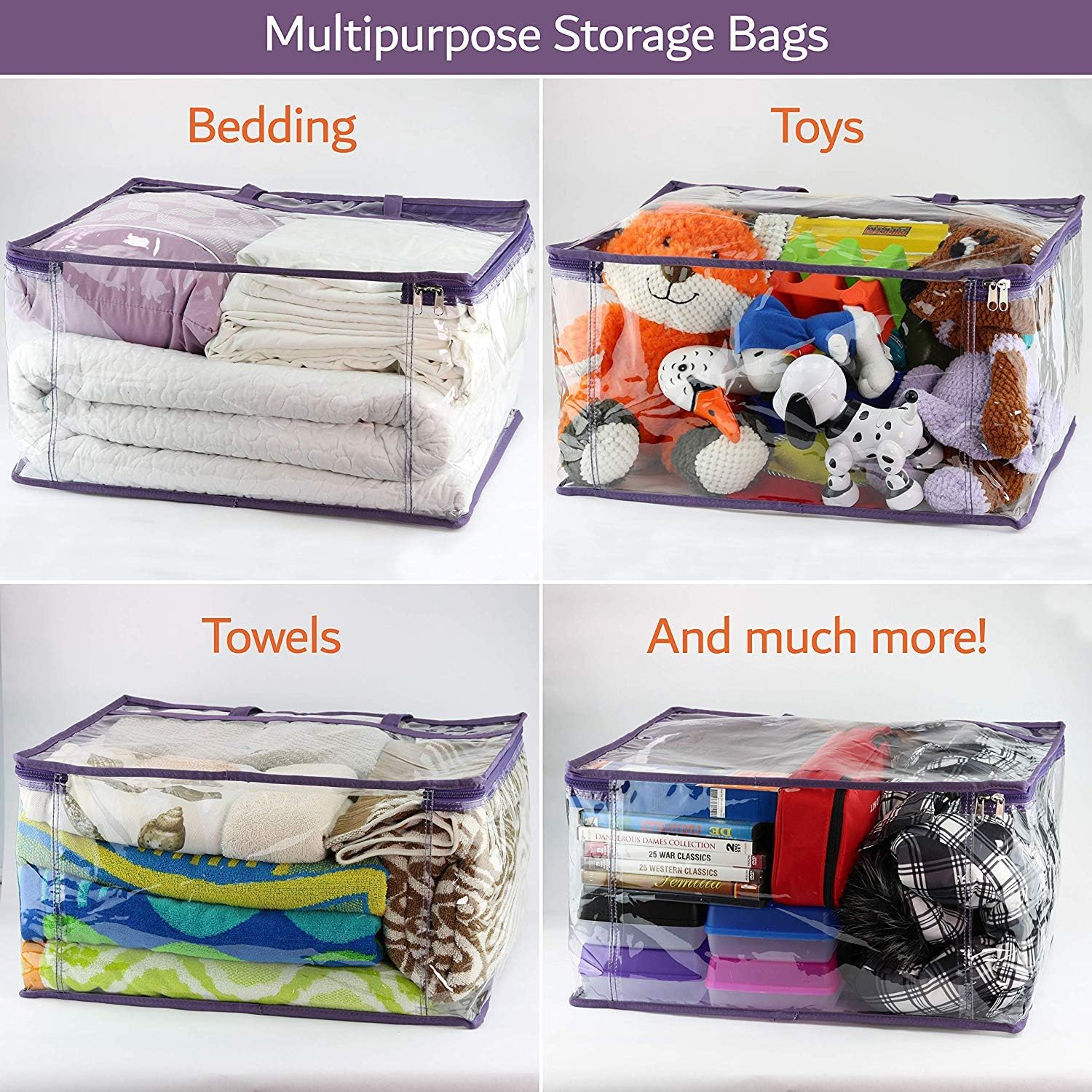 Clear Vinyl Zippered Storage Bags (3-Pack) 40L Sturdy Storage Bags for Sweaters, Blankets, Comforters, Bedding Sets and Much More! (Purple, 18x15x9) โ image 4