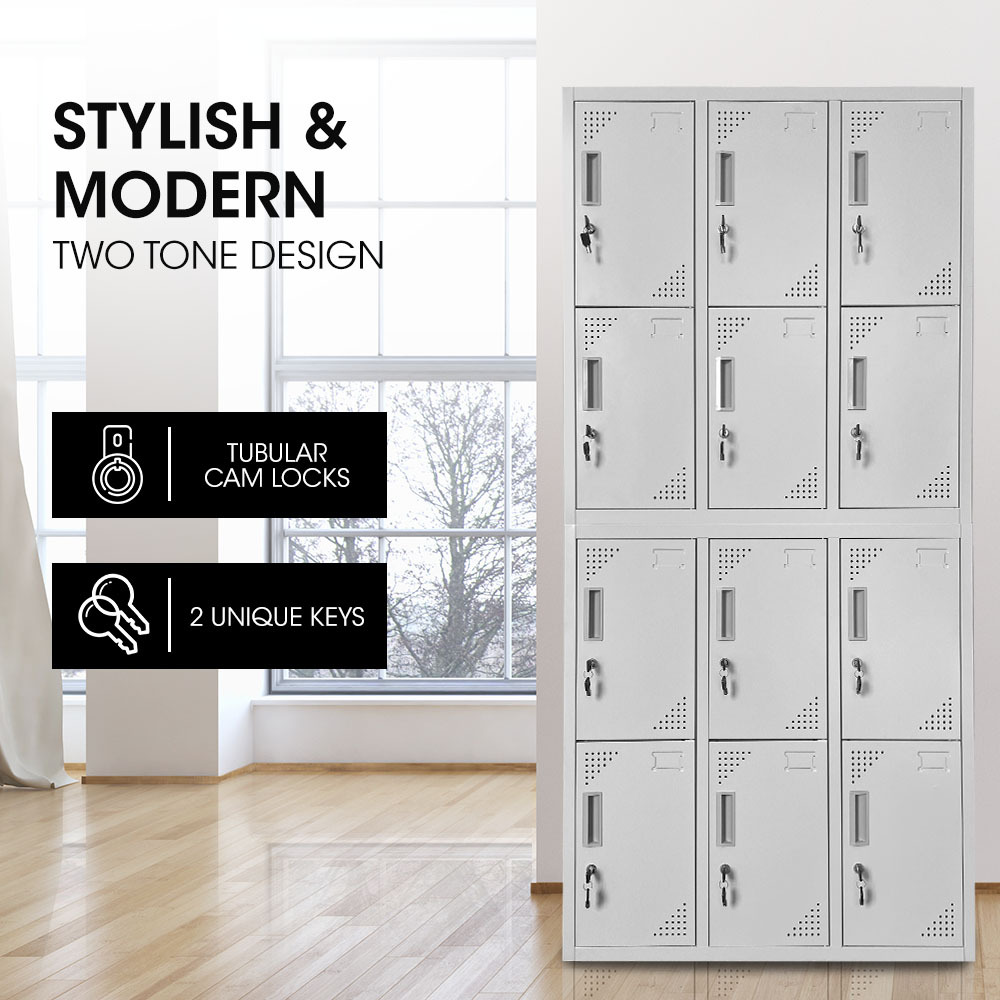 FORTIA 12 Doors Locker Cabinet Metal Storage Gym Home Office School - Light Grey — image 2