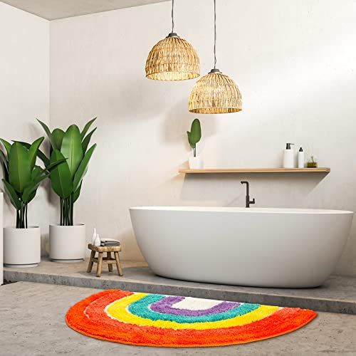 Rainbow Bath Mat Colorful Flocking Rainbow Bathroom Rugs Microfiber Absorbent Non Slip Rainbow Rug Bath Room Front Door Machine — image 5