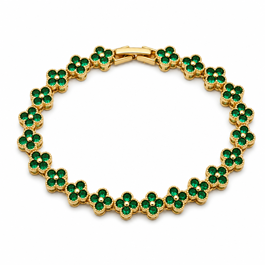 Gold and Green Four-Leaf Clover Zircon Bracelet - Gold-Tone Alloy Lucky Charm Wristband with Full Crystal Pave, 22cm Elegant Fashion Jewellery for Women — image 2