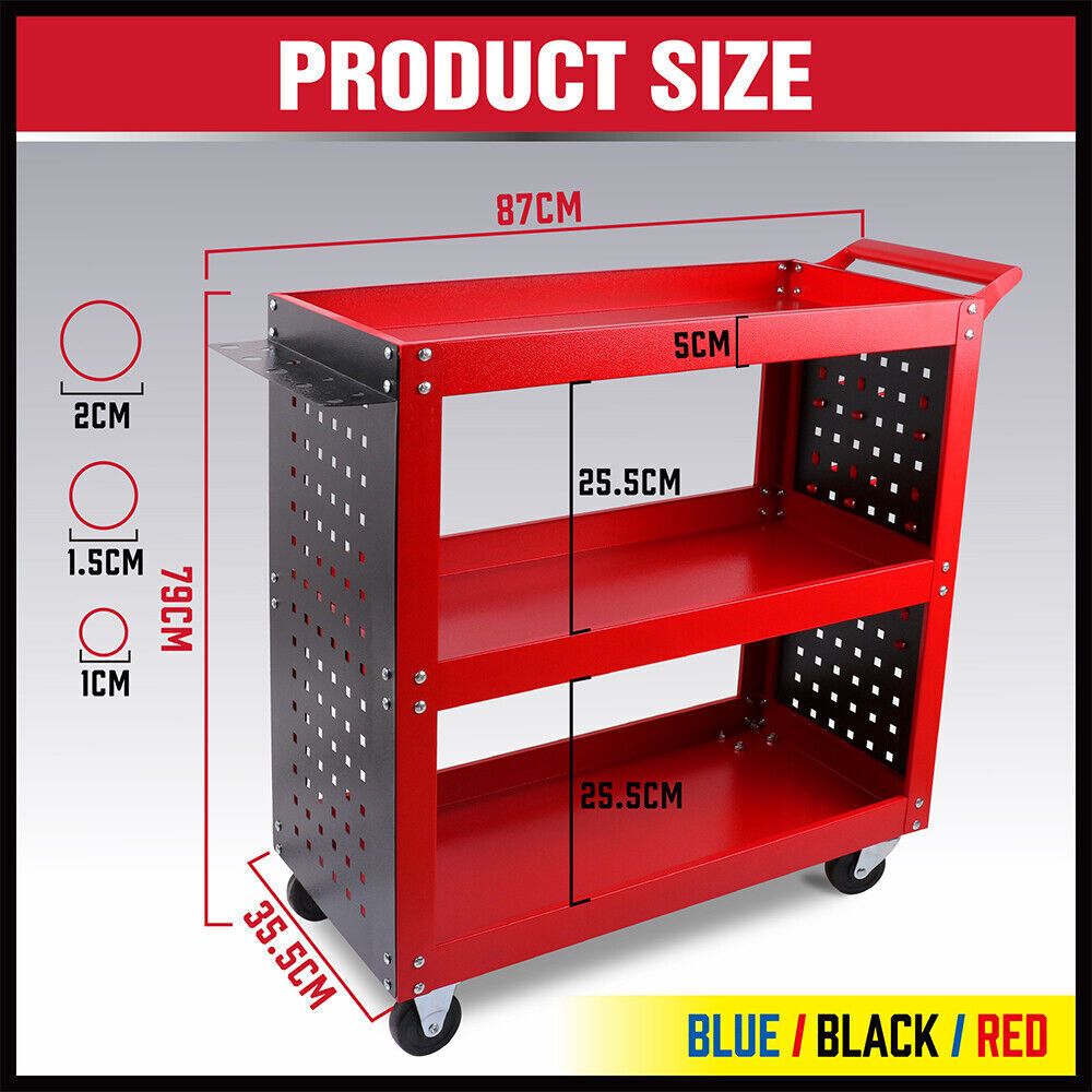 Red 3-Tier Tool Cart Storage Trolley Toolbox Workshop Garage Organiser 150kg Red — image 4