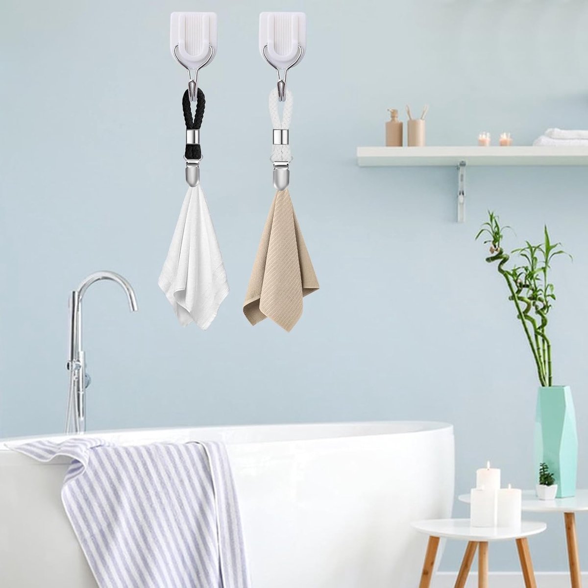 6 pieces - towel clips - bath towel clip - metal kitchen tea towel hooks - with woven cotton rope loop - for hanging tea towel holders in kitchen, bathroom — image 3