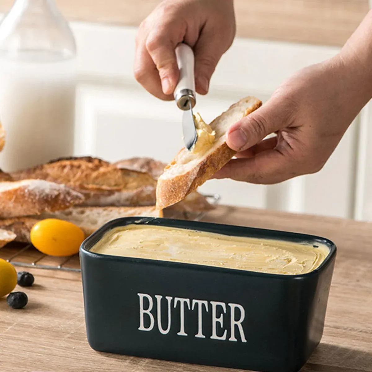 Butter Box with Knife Rectangular Cheese Container with Wooden Lid for Kitchen - Blue β image 5