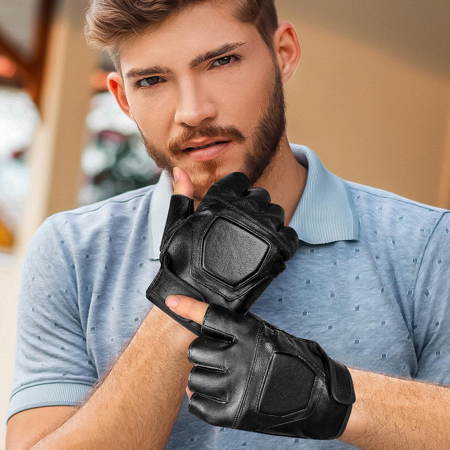 Genuine Leather Cycling Fingerless Gloves, Outdoor Driving Motorcycle Sport Half Finger Glove for Men Women Teens โ image 4