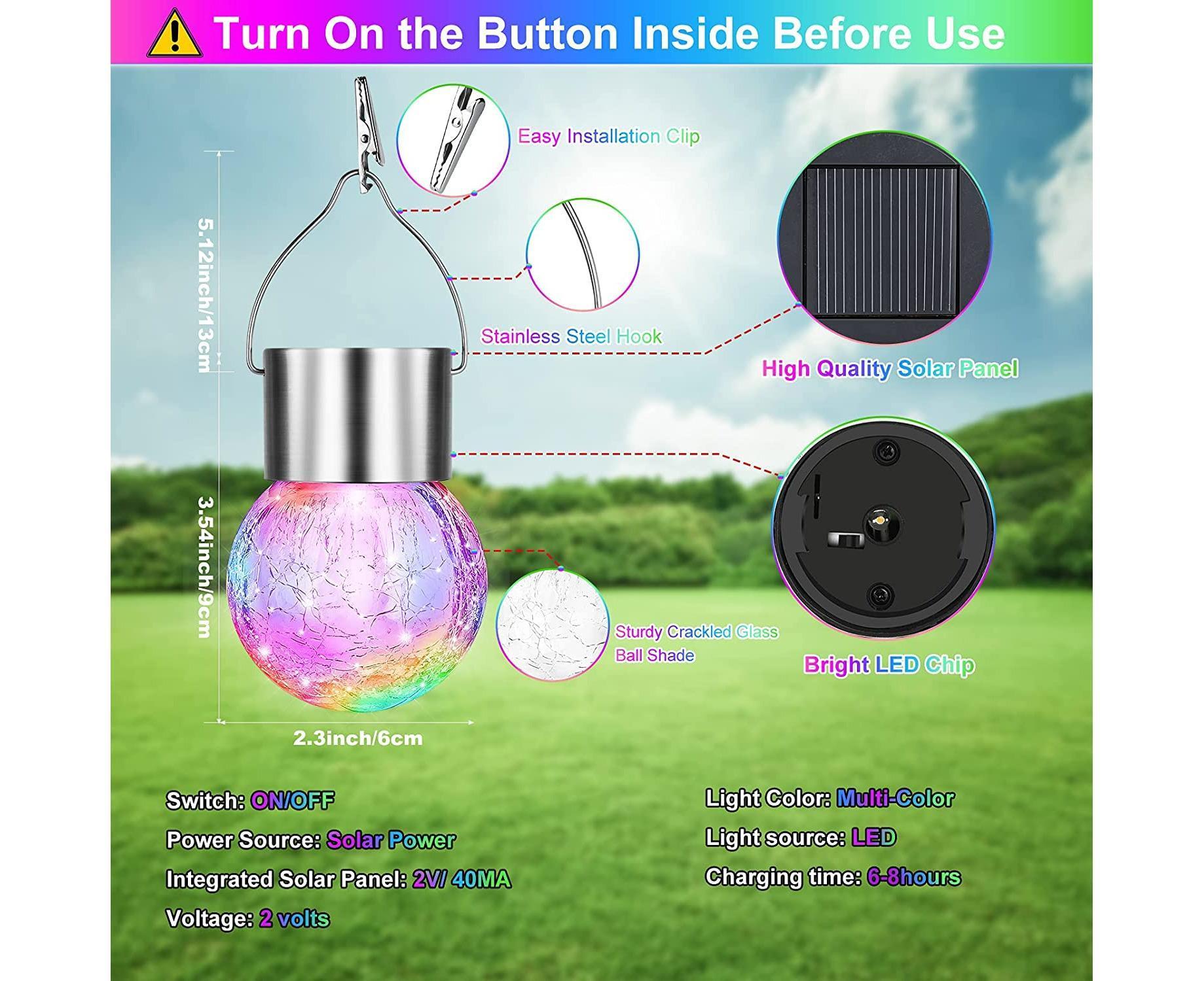 12Pack Outdoor Hanging Solar Lights - Cracked Glass Solar Lights Waterproof LED Decorative Ball Lights Tree Solar Powered -Multicolor — image 6