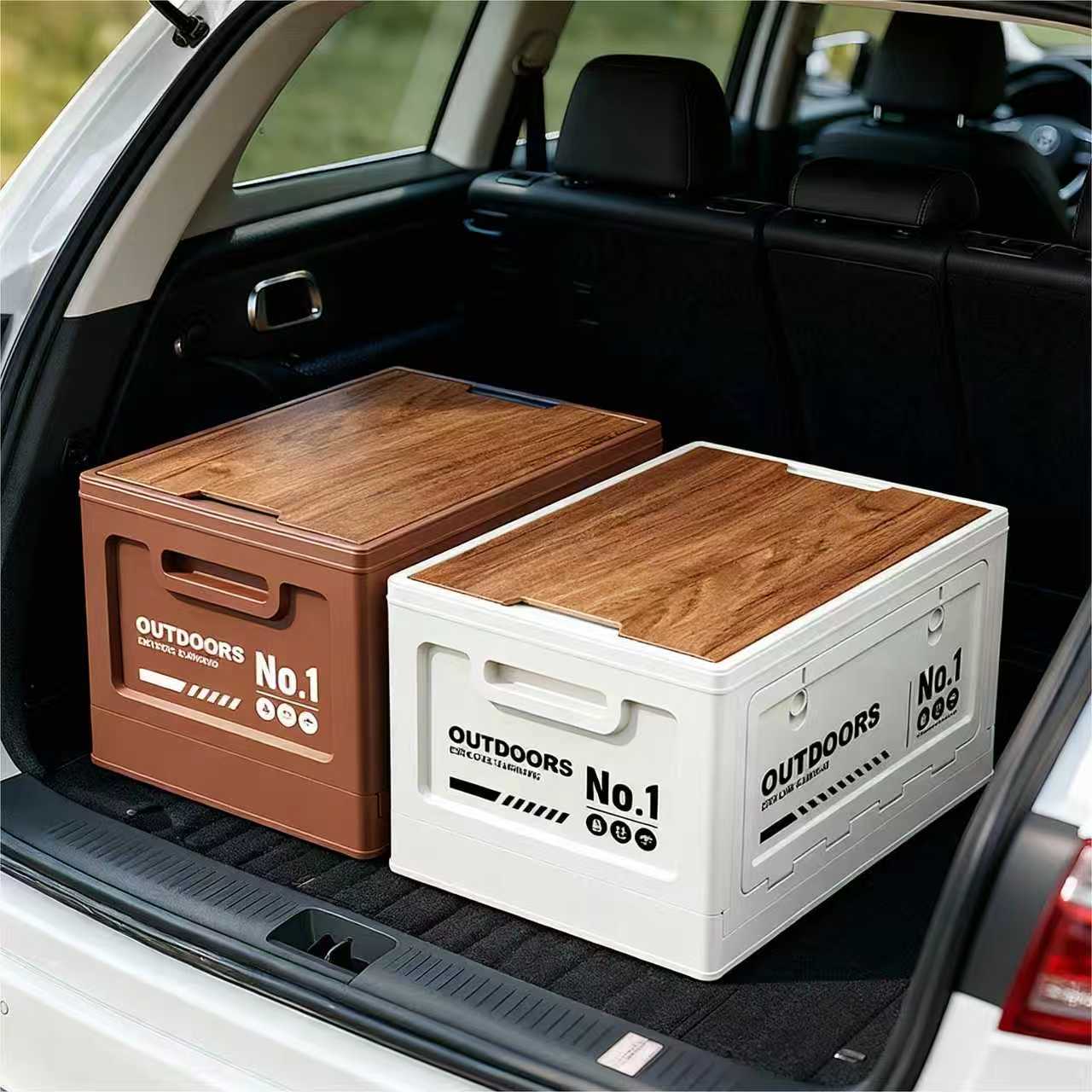 40cm Green Multifunctional Foldable Storage Box with Wooden Lid - Collapsible Outdoor Camping Crate, Stackable Home Organizer with Side-Opening Doors for Car โ image 4