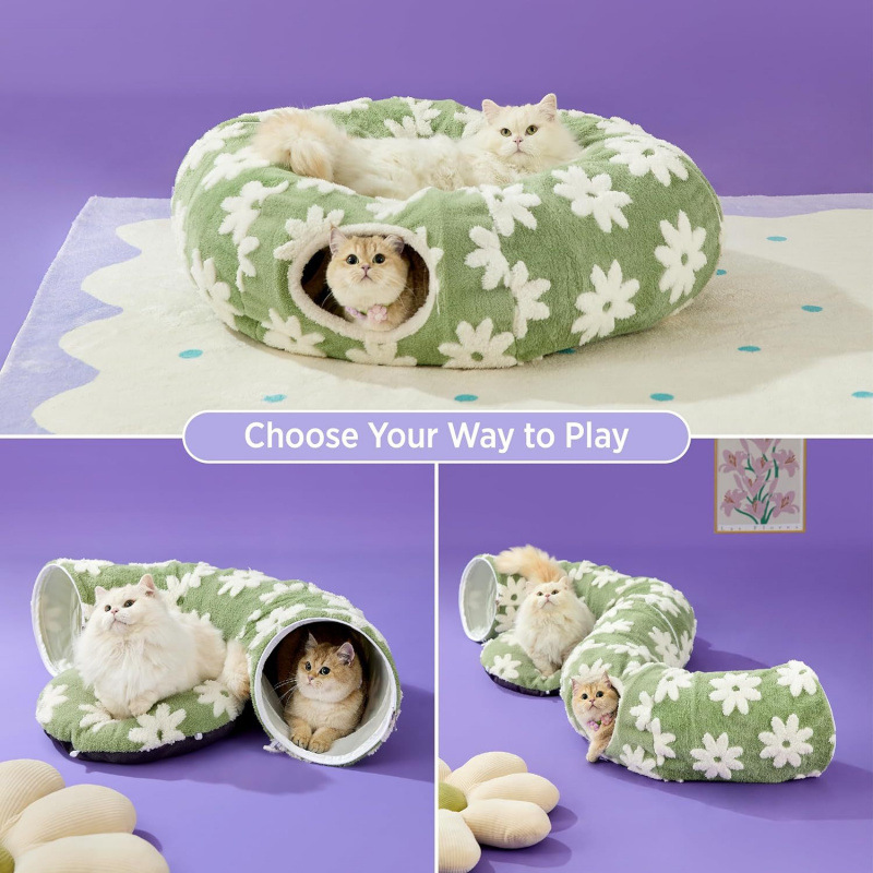 2-in-1 Cat Tunnel Bed Blue Daisy 80cm - Plush Donut Pet Cave & Play Tube - Detachable Washable Cushion & Interactive Hanging Toy for Indoor Cats โ image 4