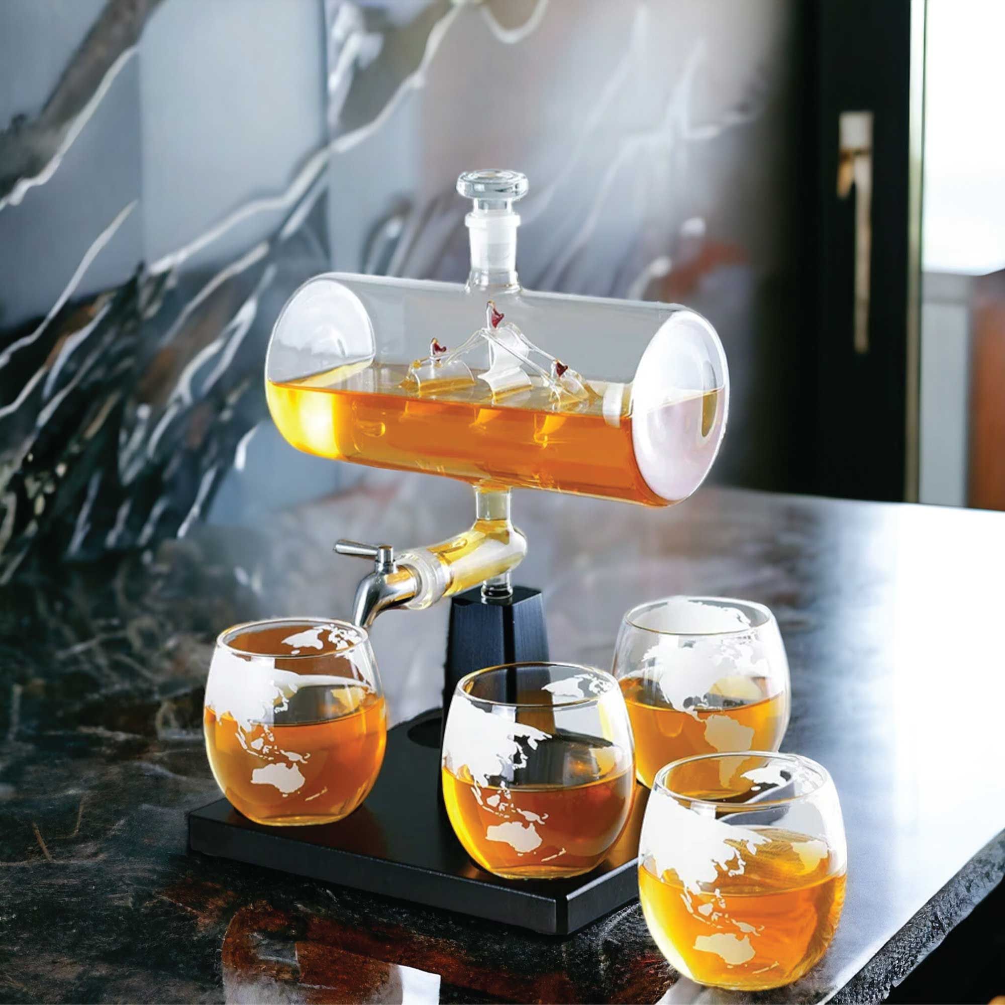 Kitchee 1L Whiskey or Wine Sailboat Glass Decanter Set - 4 Glasses + Stand — image 3
