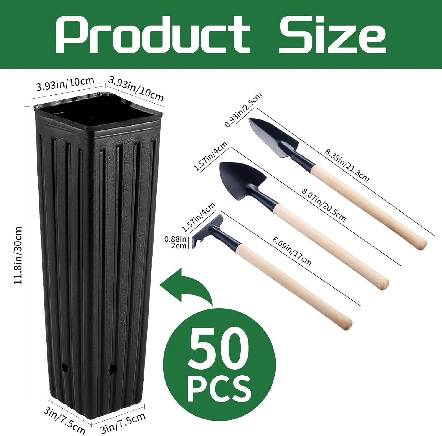 50 Pcs 12" Tall Tree Pots Plastic Deep Nursery Pots Tall Nursery Tree Pots Plant Deep Seedling Pots, Flower Plant Container Pots with 3 Pcs Garden Tools for — image 2