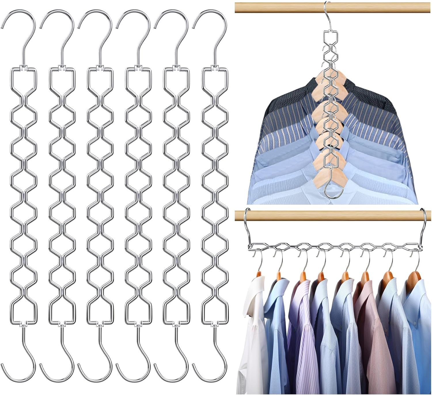 Space Saving Hangers for Clothes 6 Pack, Sturdy Metal Hangers Heavy Duty Magic Clothes Space Saver Hanger Organizer with 360° Swivel Hook, Closet Organizers