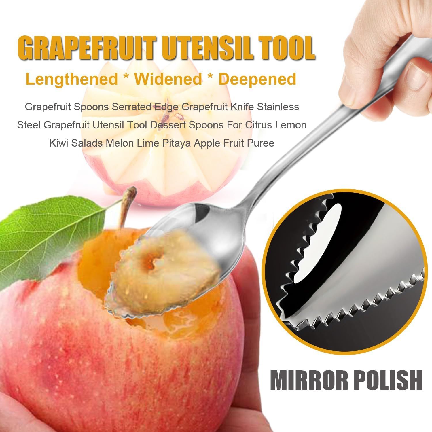 Grapefruit Spoons Serrated Edge Knife Stainless Steel Utensil Tool Dessert Spoon for Citrus Lemon Kiwi Salads Melon Lime Pitaya Apple Fruit Puree (Silver) — image 4