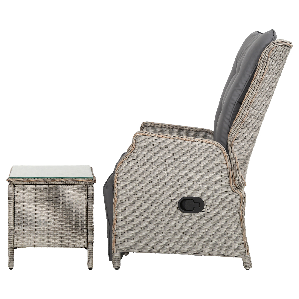 Gardeon 3PC Recliner Chairs Table Sun lounge Outdoor Furniture Wicker Adjustable Grey — image 4