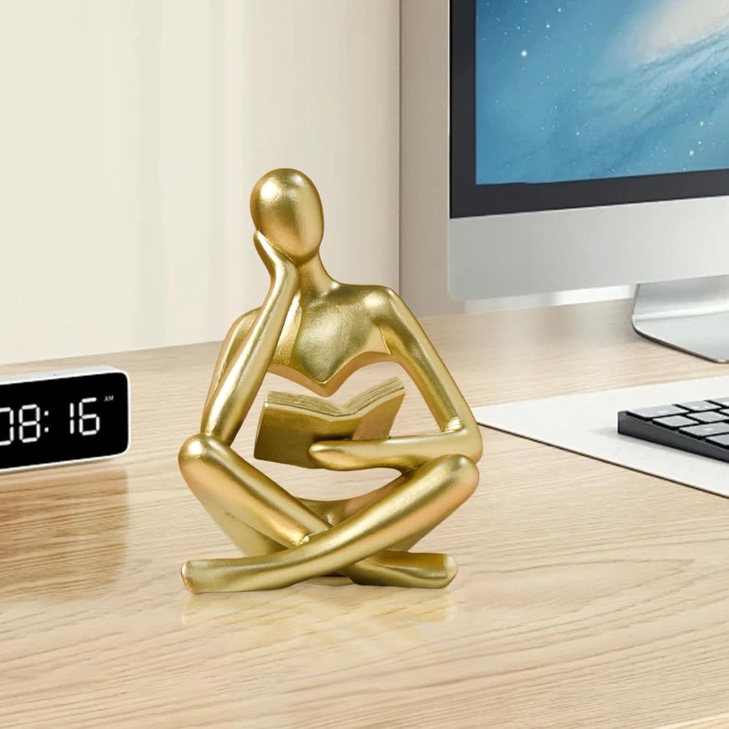 Abstract Reading Thinker Statue for Home Decor, Modern Resin Sculpture Figurine for Bookshelf, Desk & Living Room (Gold) — image 4