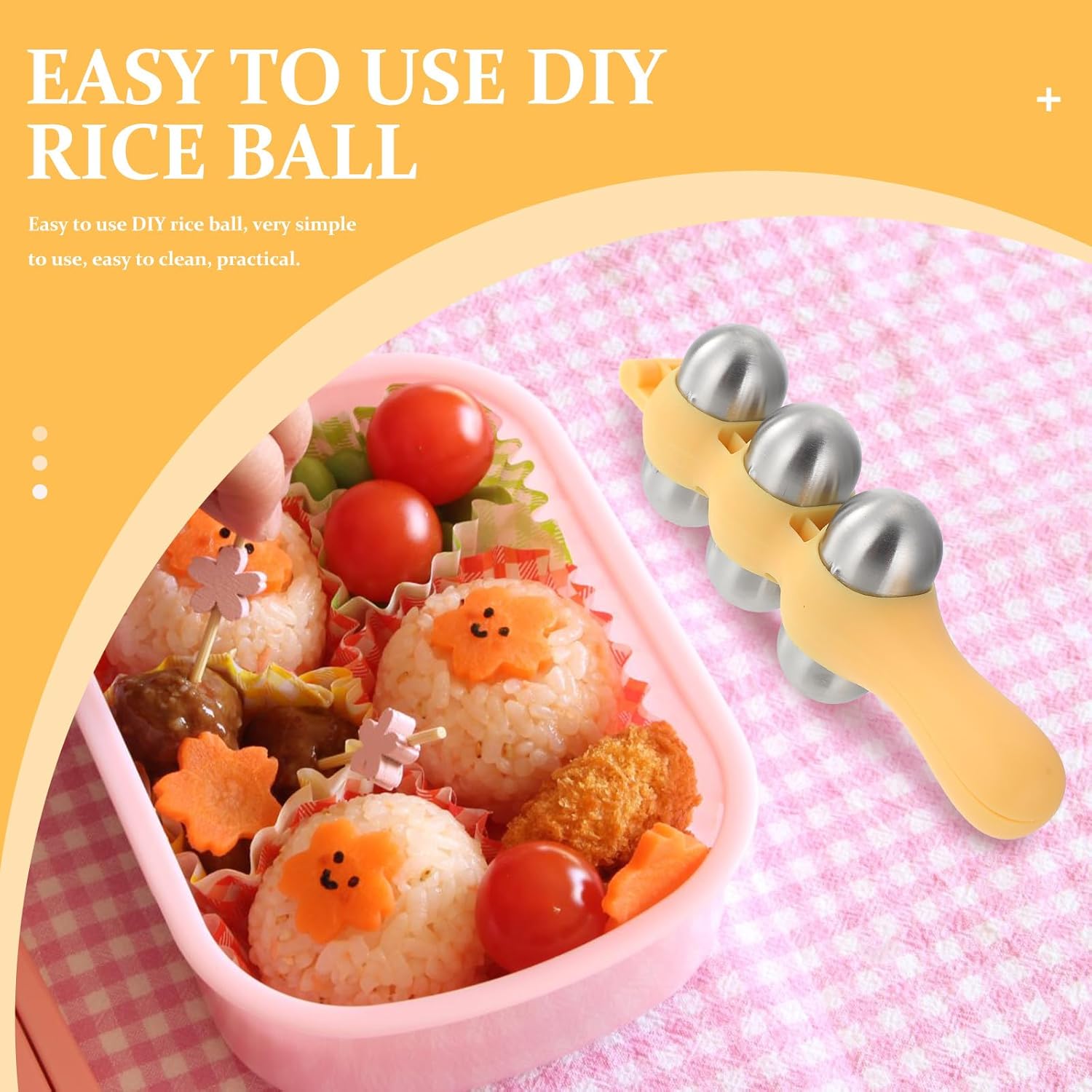 Stainless Steel Rice Ball Maker Set Triangle Sushi Mold with Rice Paddle Non-Stick Riceball Shaker Tool Yellow — image 5