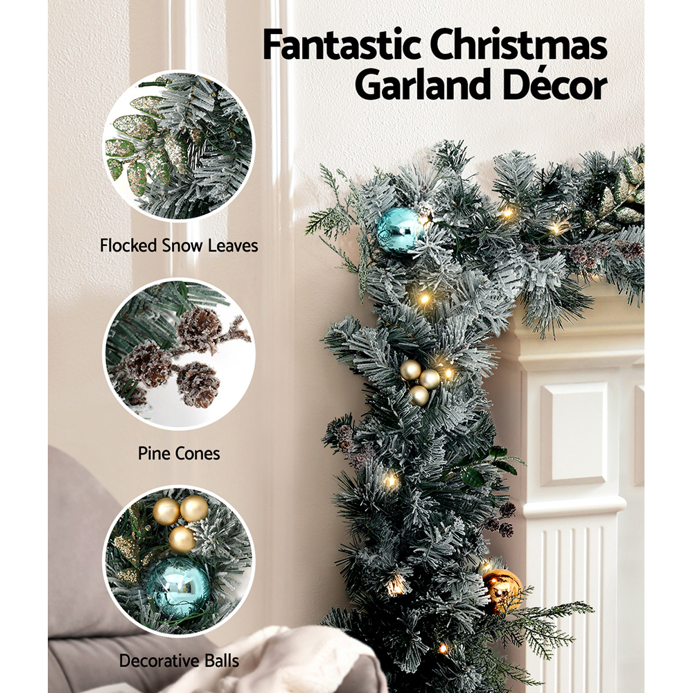 Jingle Jollys 2.7m Christmas Garland with Wreath Set LED Lights Snowy Xmas Decor β image 4