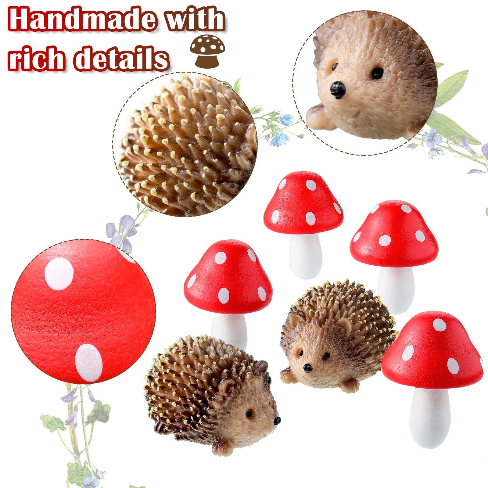 Resin Hedgehogs & Wood Mushroom Sculpture, Fairy Wild Garden Supplies, 6 Pieces, Red, Handmade Decor โ image 3