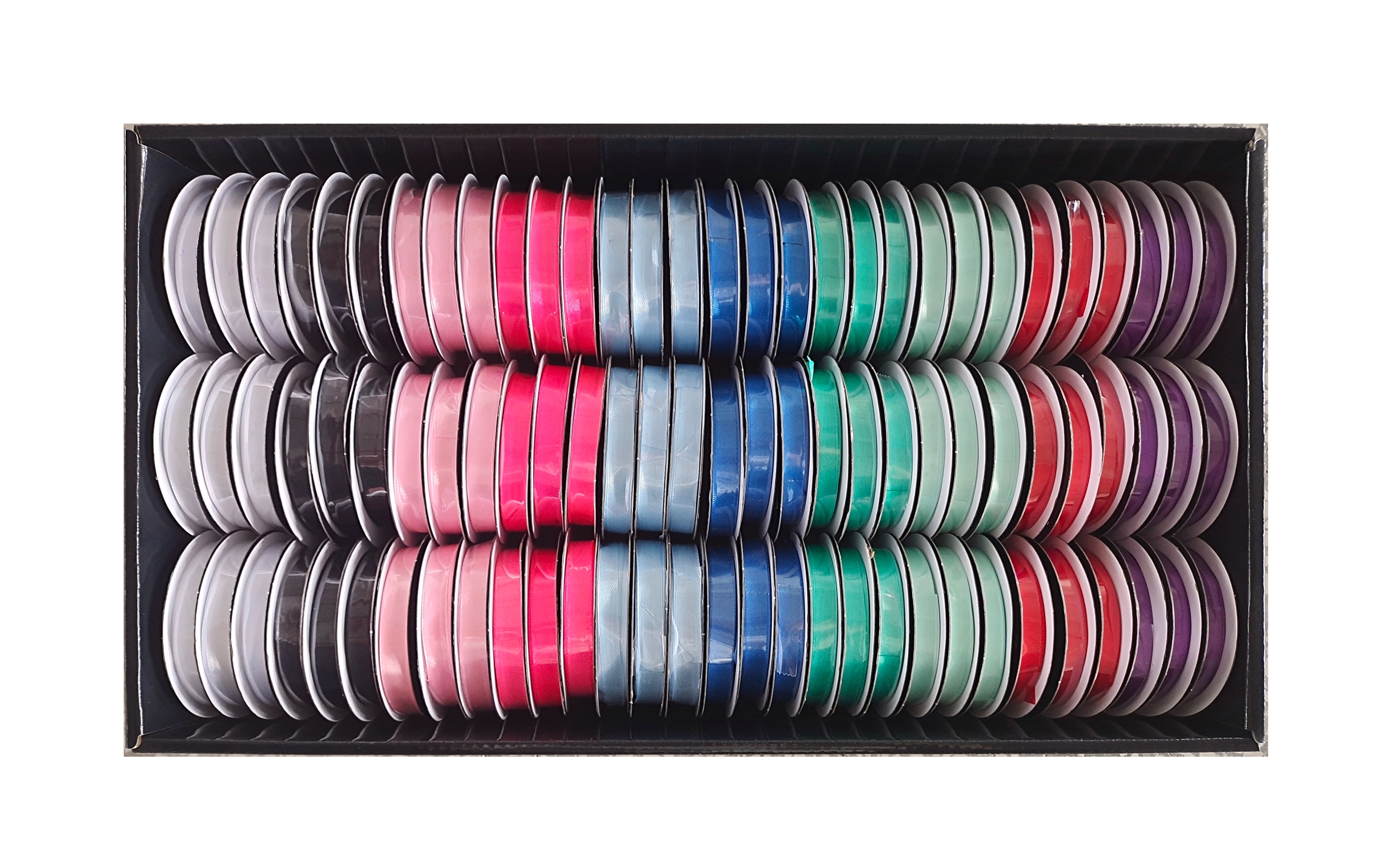 bulk 90 Roll Satin Ribbon 4.5mt 10mm Displayed Box