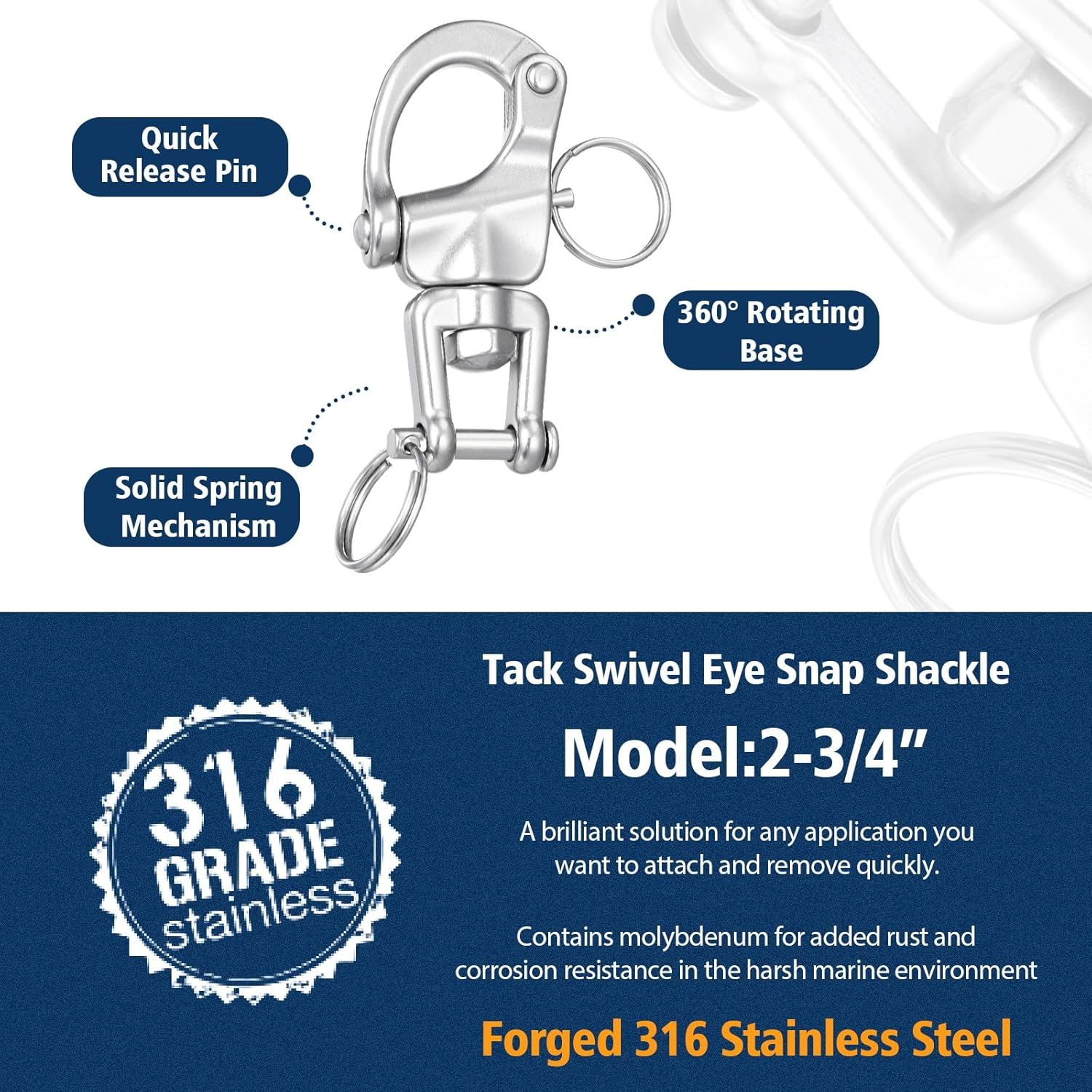 316 Stainless Steel Swivel Snap Shackle Clevis Quick Heavy Duty Release Spring Hook Marine Grade Sailing Halyard Shackle for Boat Rigging Industrial Lifting — image 3