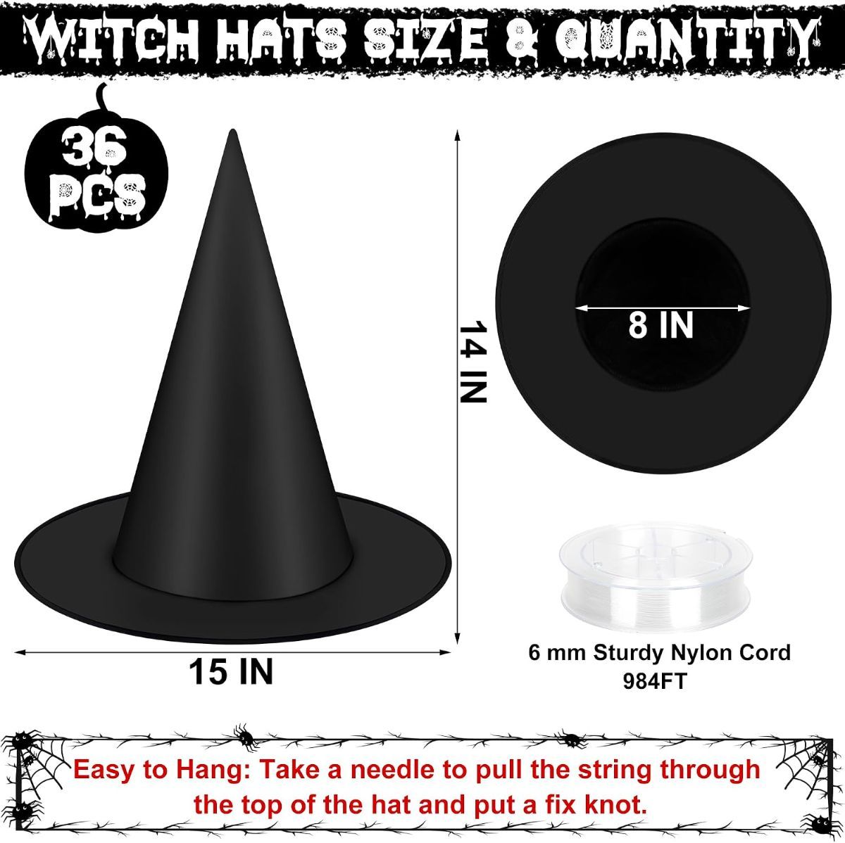 36 PCS Halloween Witch Hats, Black Hanging Witch Hats Porch Yard Decor | Witch Costume Accessories Witches Hat with 328 FT Nylon Cord Wizard Hats Indoor — image 2