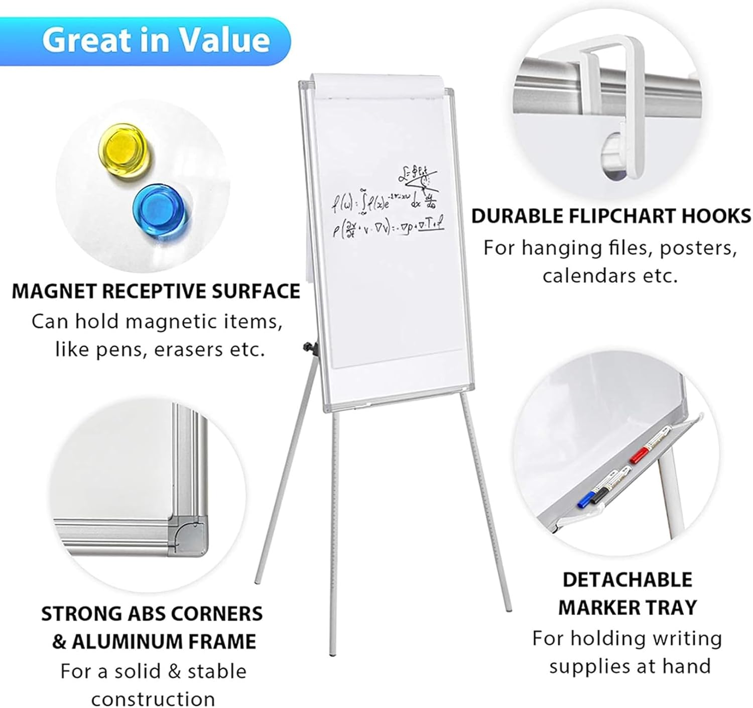 CARLA HOME Whiteboard Easel Portable Magnetic Dry Erase Board with Adjustable Tripod Stand & Height Adjustable for Office & Home (90x60cm) — image 5