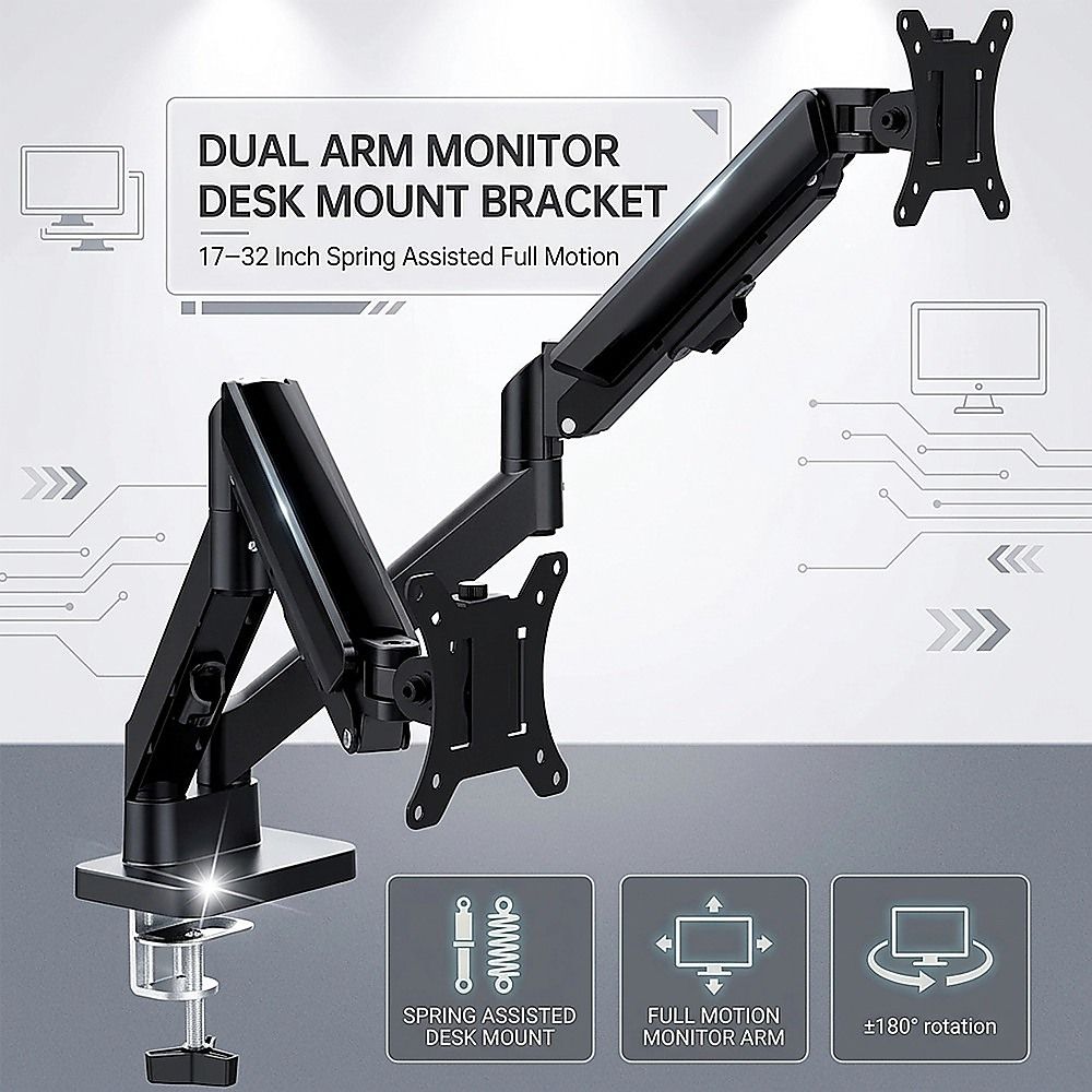 Dual Arm Monitor Desk Mount Bracket Spring Assisted 17–32 Inch Full Motion — image 3