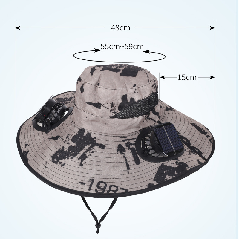 Camouflage Grey Dual Turbo Fan Sun Hat with Round Solar Panel & TypeC Interface - Waterproof 14cm Wide-Brim Cooling Hat for Outdoor Fishing Hiking Camping โ image 3