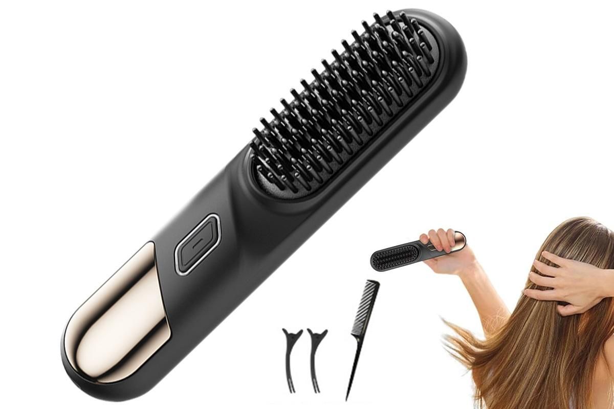 Cordless Hair Straightener Brush Mini Hot Comb for Women Anti-Scald Protection -Black